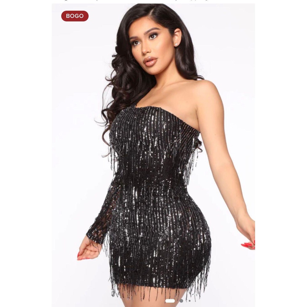Black Sequin Fringe Cocktailâ Dress Size 4 One Shoulder Party Evening Dress New